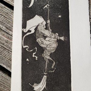 Vintage Art: "Witch on a Broom", student art including moon and stars